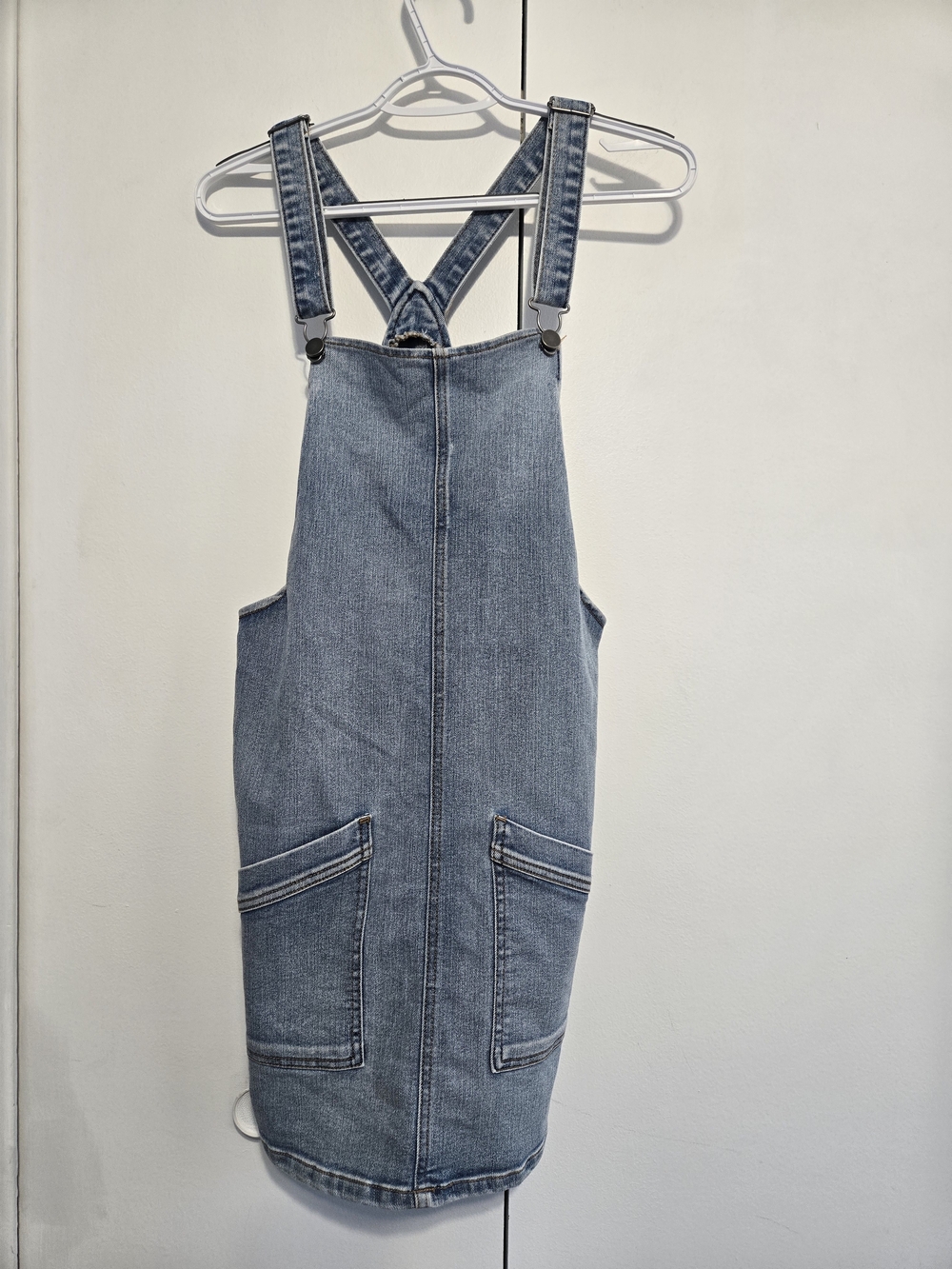 SO Denim Overall Dress M Blue Stretch Pinafore Jumper Pockets 34" Y2K